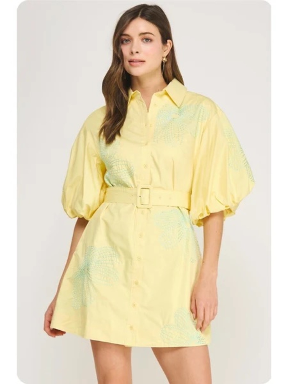 Yellow Belted Shirt Dress with Puff Sleeves